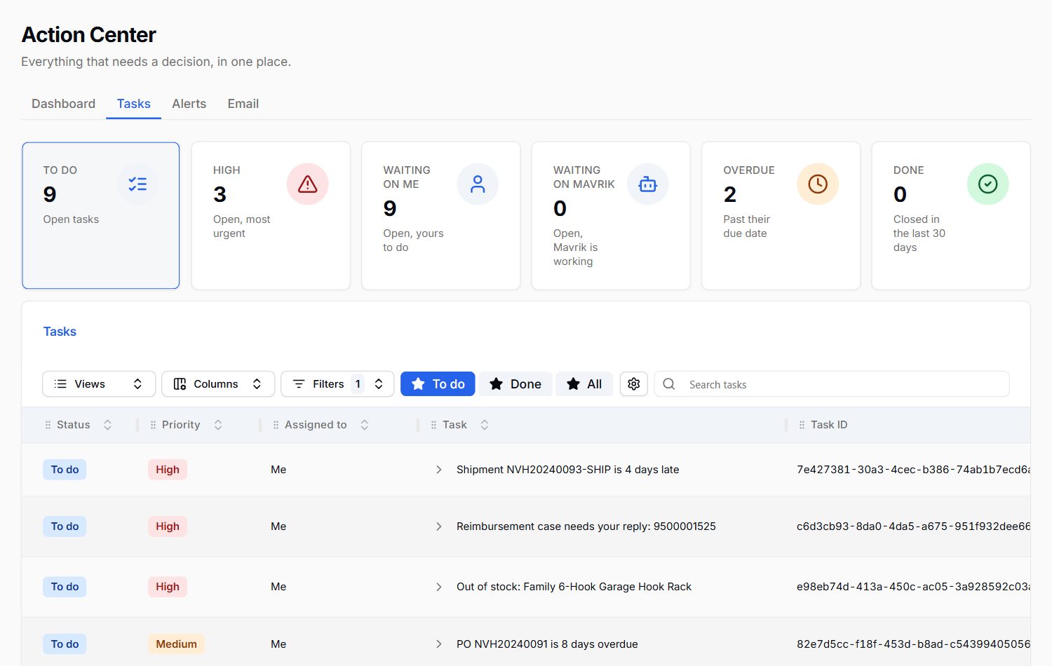 Action Center task list with stock, claim, order and bid tasks