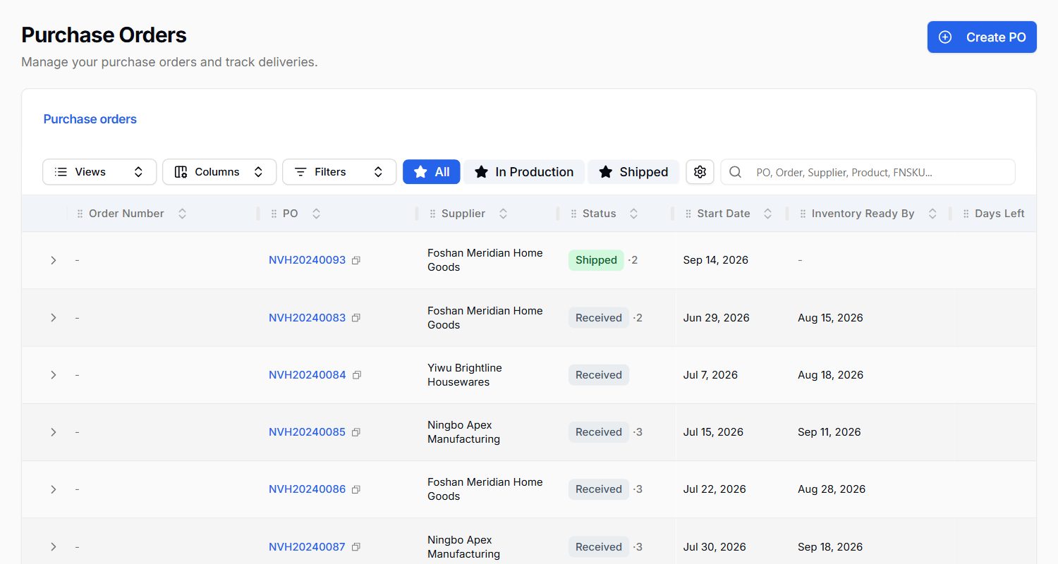 Purchase orders list with suppliers and status